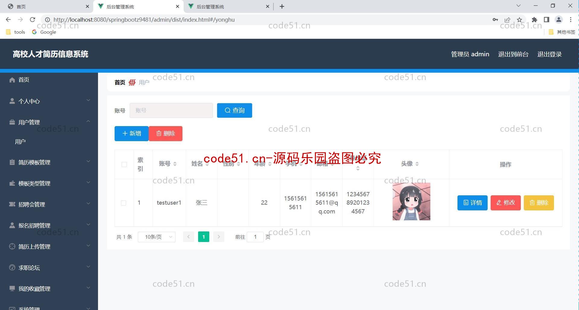 基于SSM+SpringBoot+MySQL+Vue的高校人才简历管理系统(附论文)